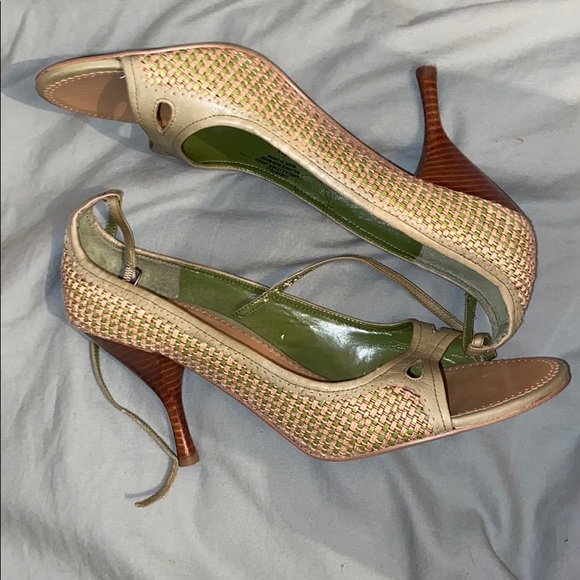 Peep toe basket weave, leather and fabric 3” heels - Picture 3 of 6